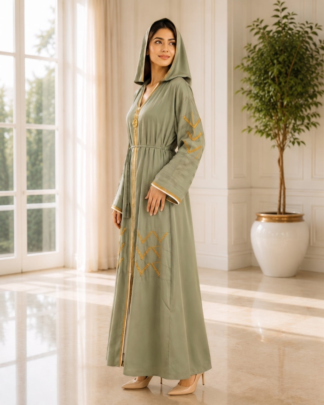 Premium Sage Green & Gold Embellished Hooded Abaya