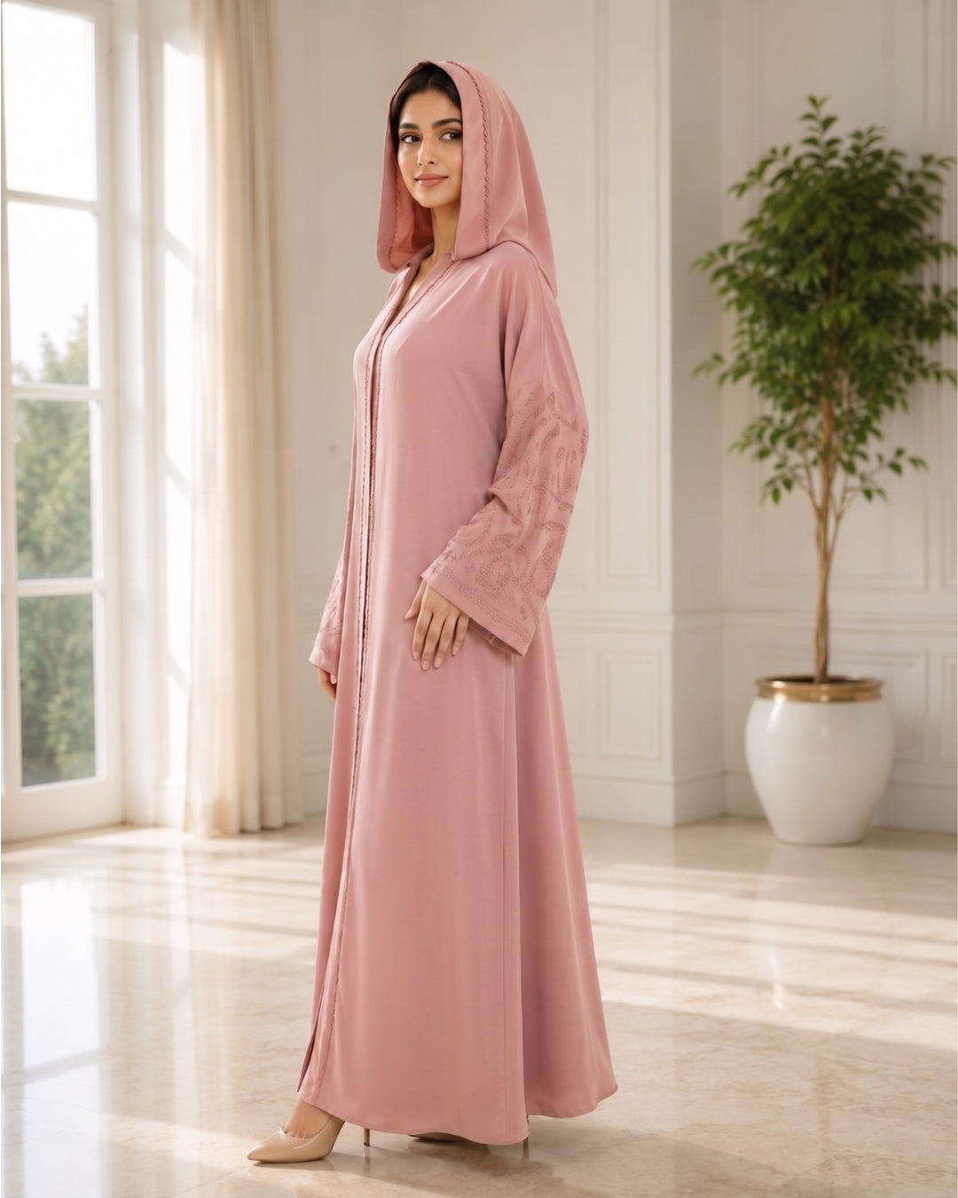 Premium Dusty Rose Embroidered Hooded Abaya