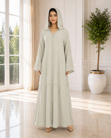 Premium Sage Ivory Embroidered Hooded Abaya