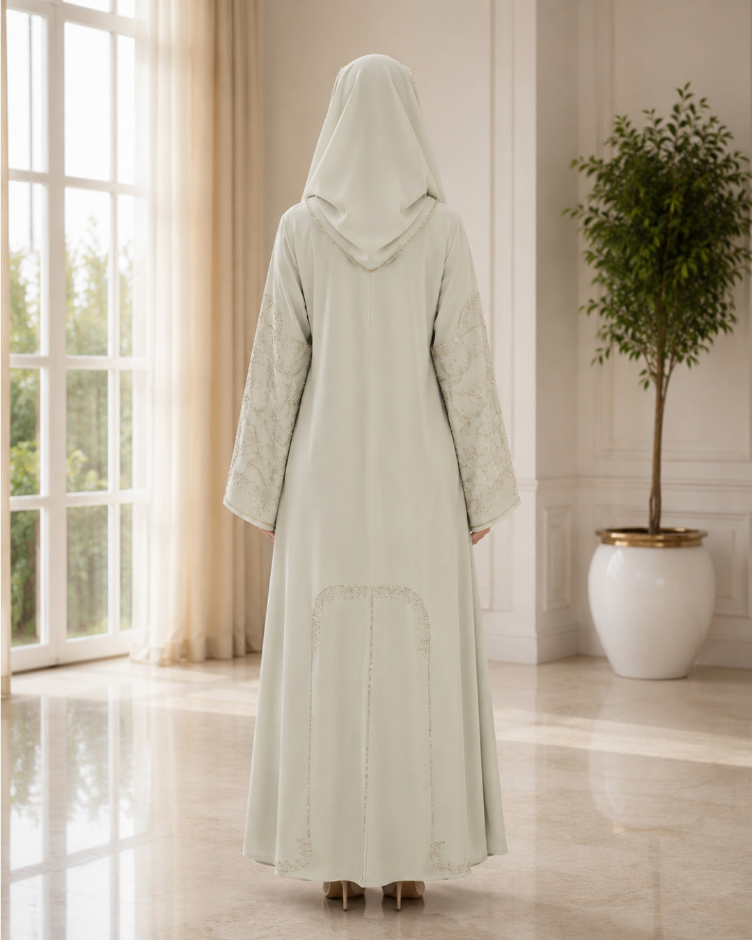 Premium Sage Ivory Embroidered Hooded Abaya