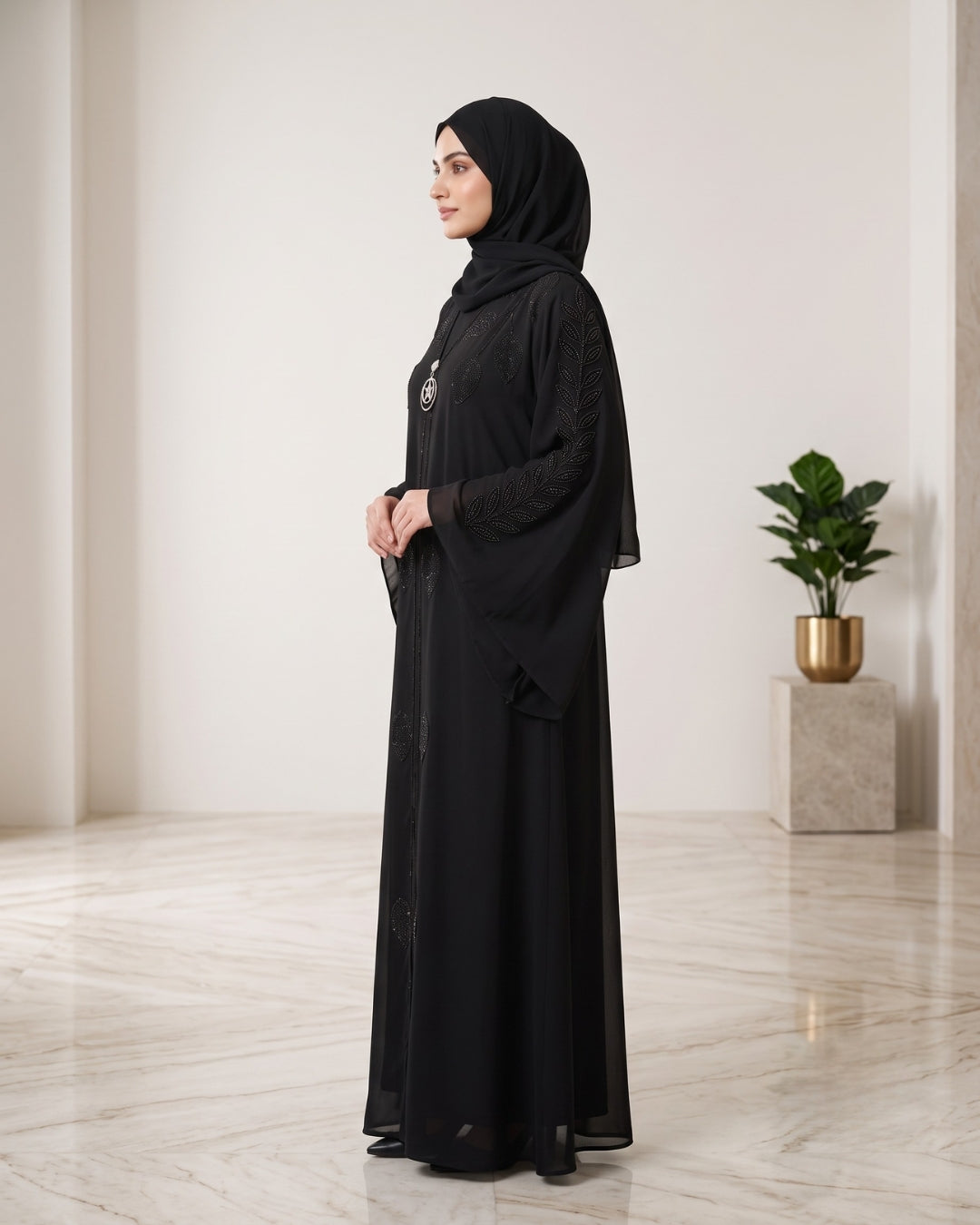 Black Leaf Handwork Arabian Abaya