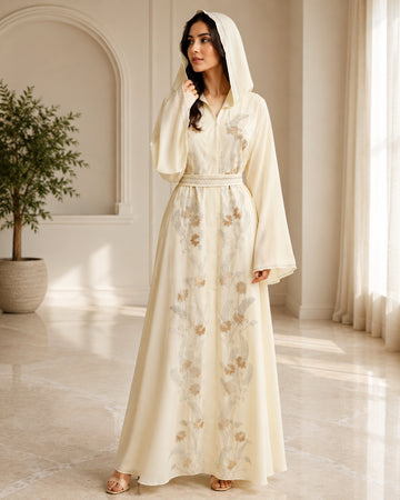 Premium Ivory Floral Embroidered Hooded Abaya