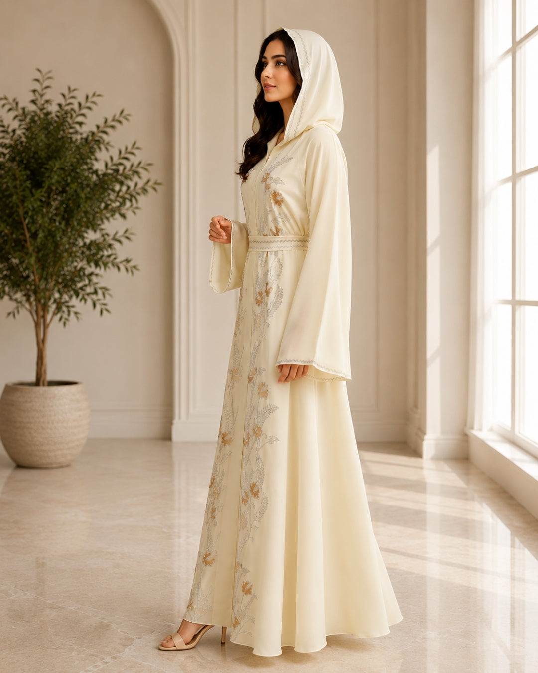 Premium Ivory Floral Embroidered Hooded Abaya