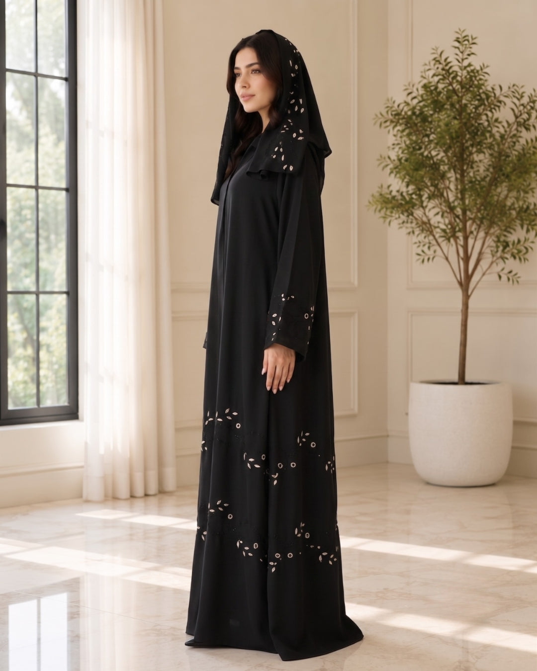 Zareen Gold Embroidered Hooded Abaya