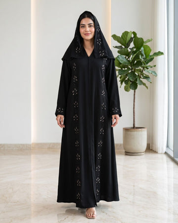 Black Floral Embroidered Hooded Abaya