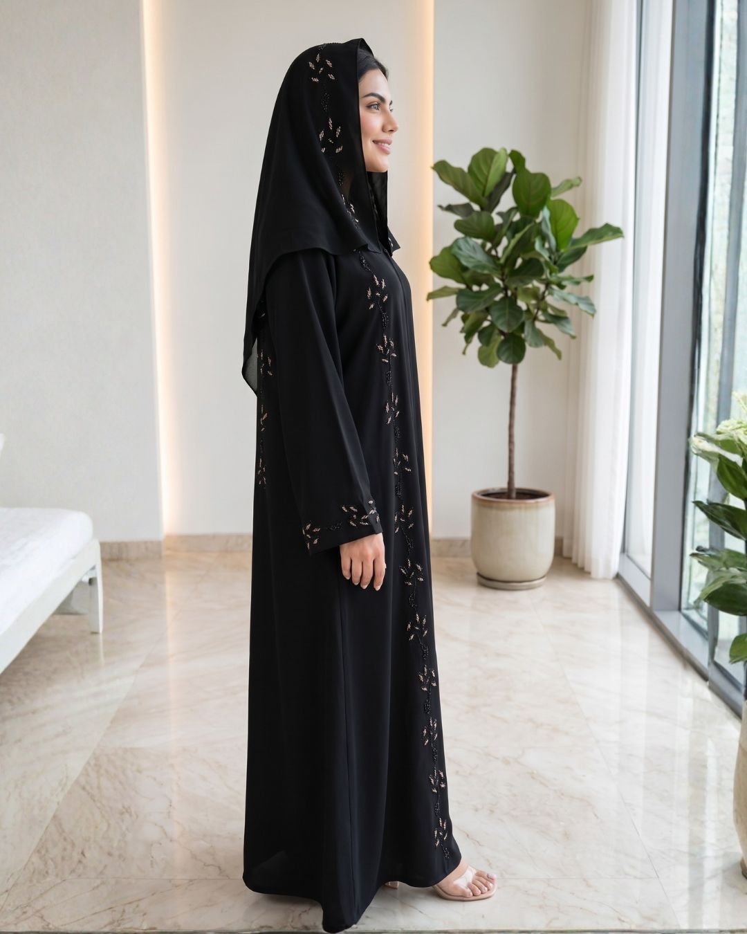 Black Floral Embroidered Hooded Abaya