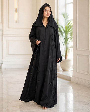 Black Leaf Embroidered Hooded Abaya