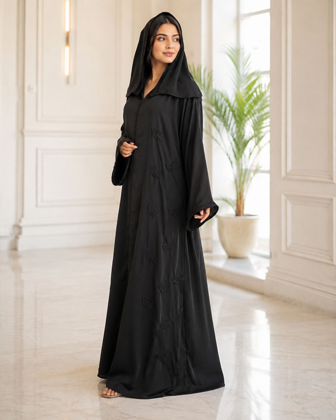 Black Leaf Embroidered Hooded Abaya