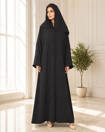 Elegant Black Geometric Embroidered Hooded Abaya