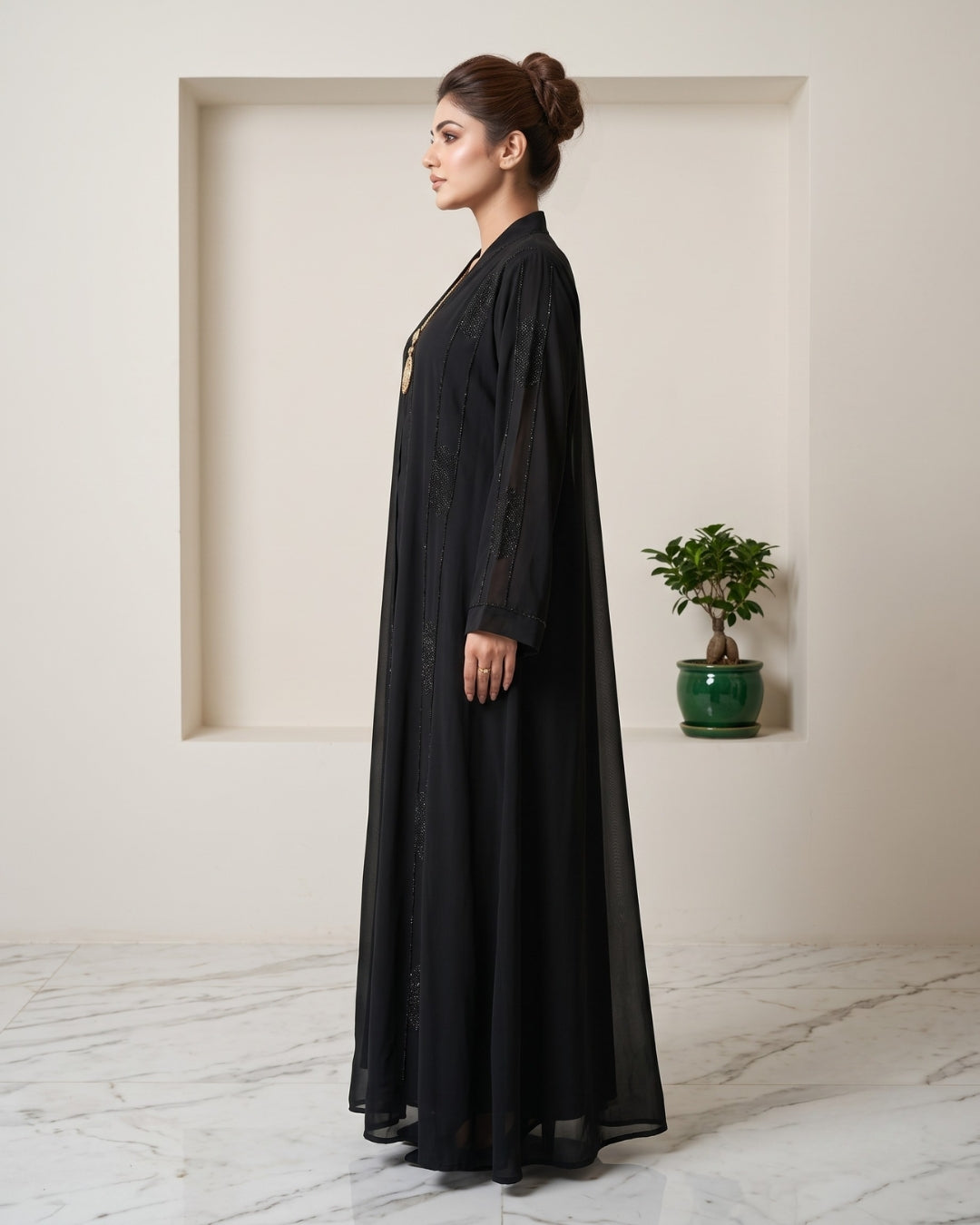 Black Arabian Abaya with Leaf Crystal Handwork