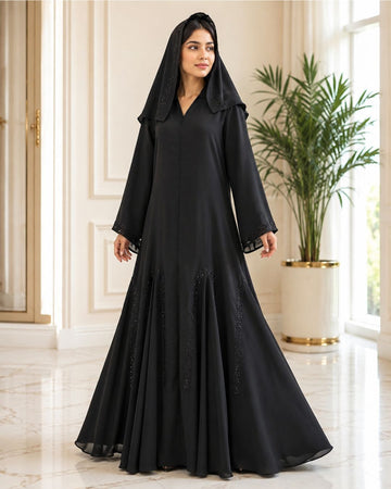 Elegant Black Flared Embroidered Hooded Abaya