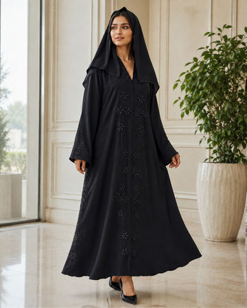 Black Floral Embroidered Flared Abaya