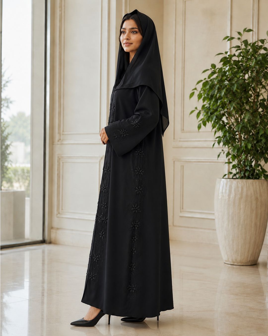 Black Floral Embroidered Flared Abaya