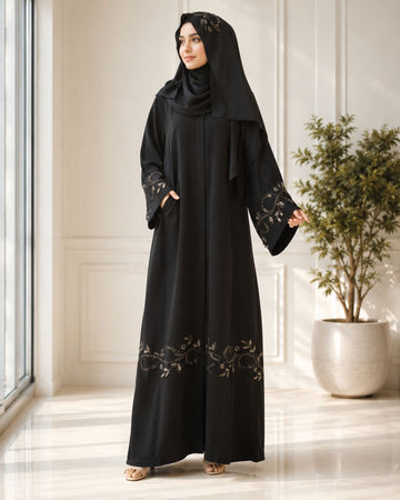 Black Gold Embroidered Front-Open Abaya