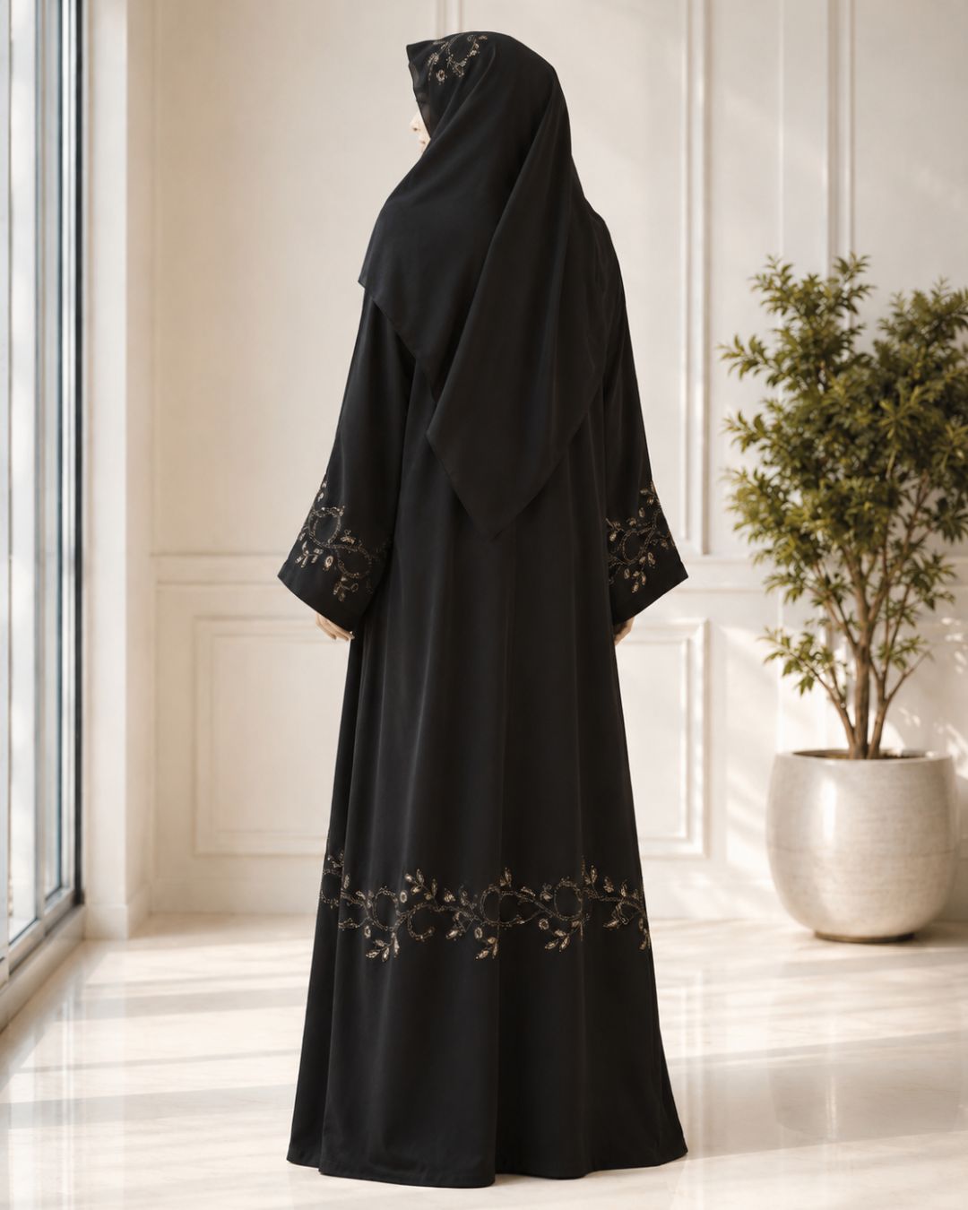 Black Gold Embroidered Front-Open Abaya