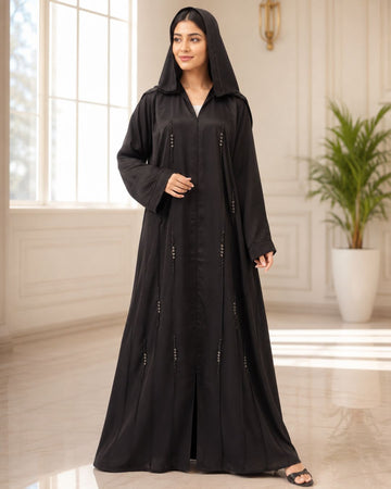 Elegant Black Beaded Detail Hooded Abaya