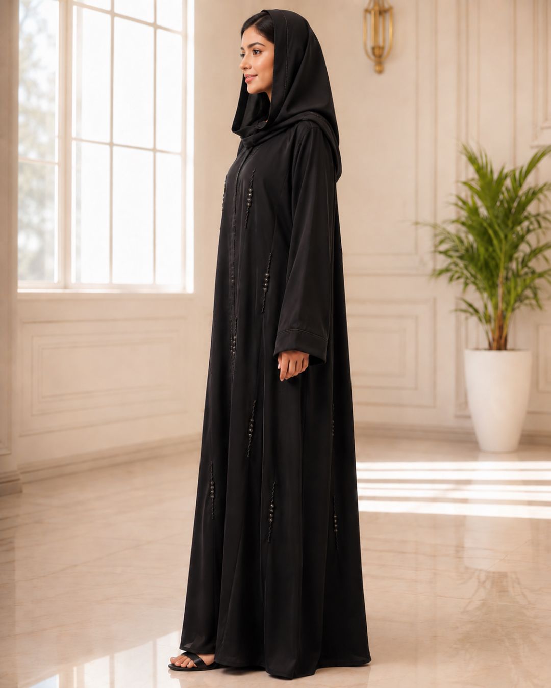 Elegant Black Beaded Detail Hooded Abaya