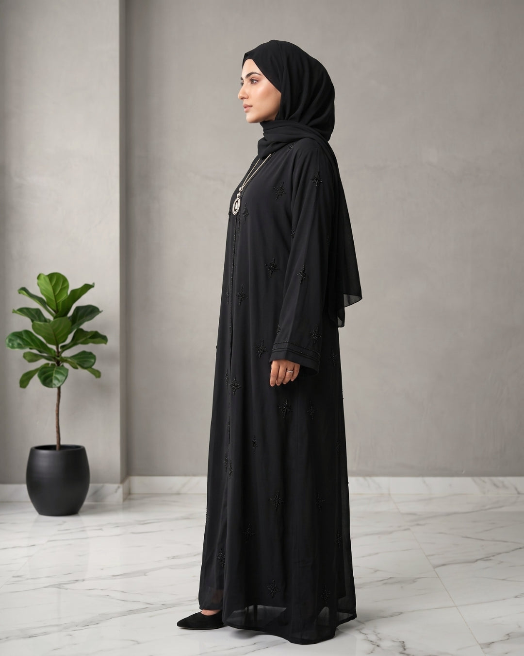 Black Handwork Arabian Abaya with Crystal Star Motifs