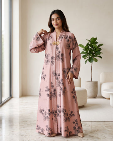 Elegant Pink Floral Printed Open Abaya with Brooch