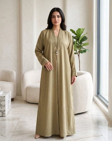 Elegant Beige Open Abaya with Statement Pendant