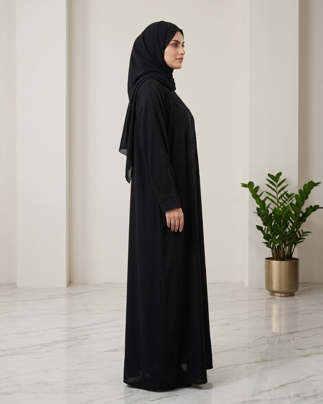 Black Rhinestone Embellished Modest Kaftan Abaya