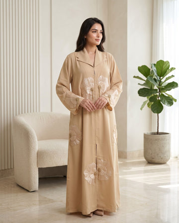 Elegant Beige Floral Embroidered Abaya