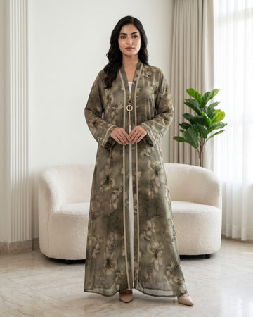 Elegant Olive Grey Floral Printed Abaya with Gold Detailing
