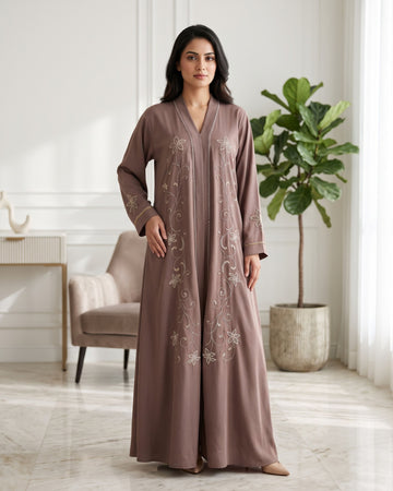 Mocha Embroidered Front-Open Abaya