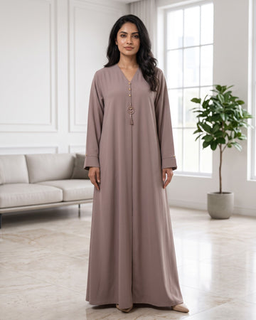 Elegant Blush Pink Front-Open Abaya with Gold Detailing
