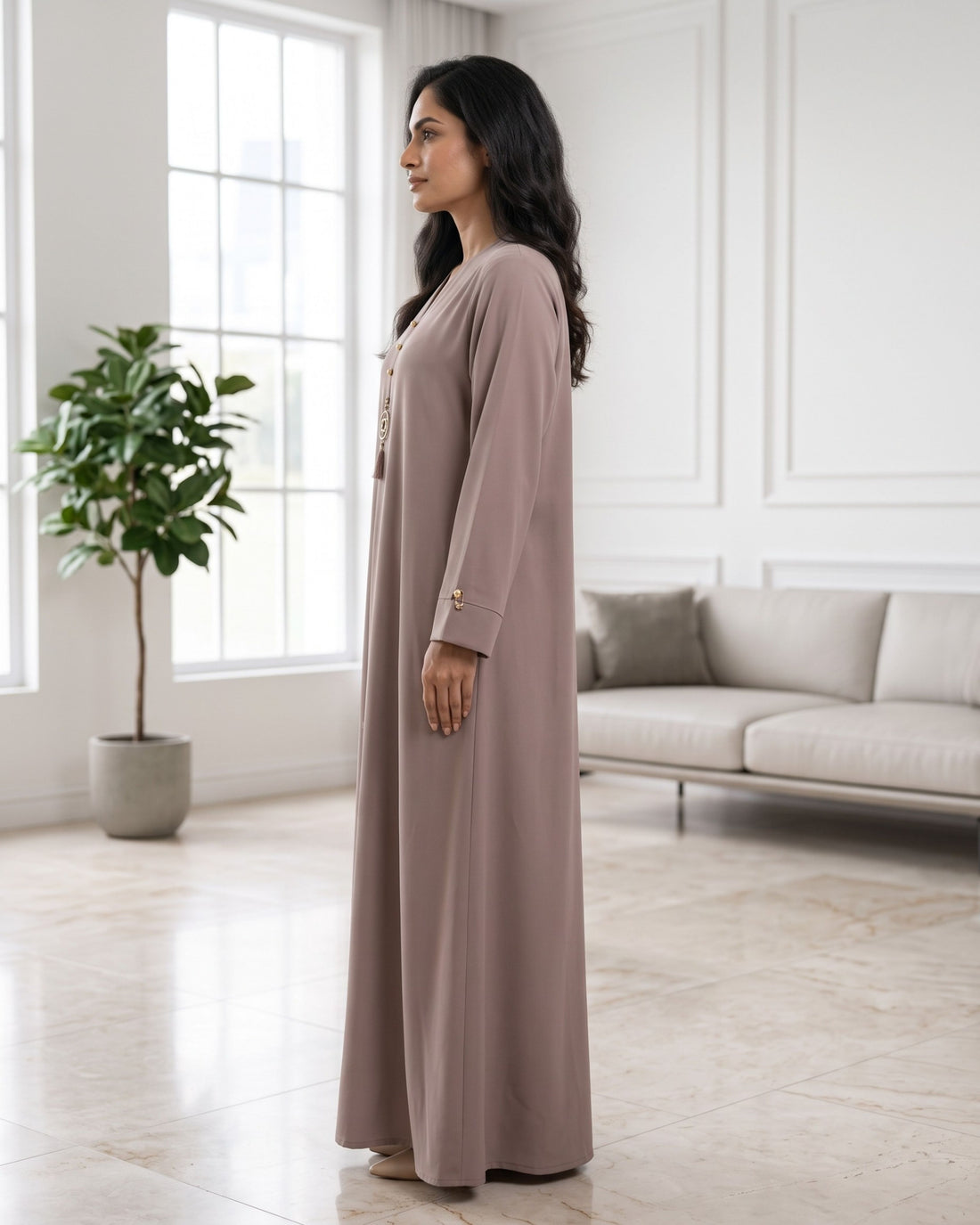 Elegant Blush Pink Front-Open Abaya with Gold Detailing