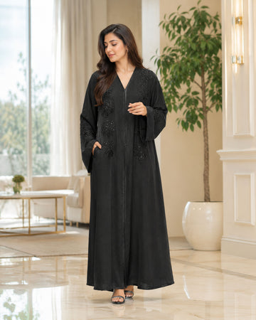Black Floral Embroidered Front-Open Abaya