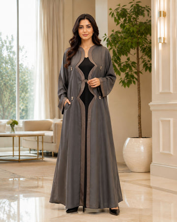 Charcoal Grey Layered Front-Open Abaya
