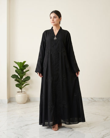 Black Arabian Abaya with Floral Crystal Handwork