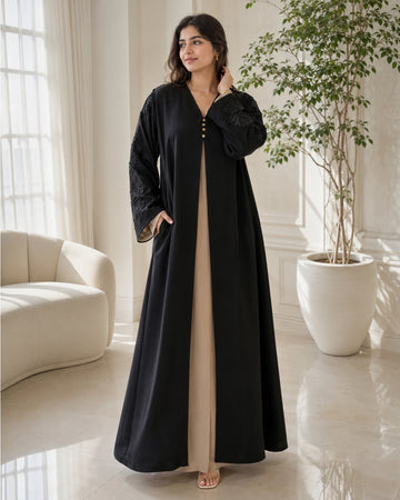 Black Embroidered Layered Open Abaya