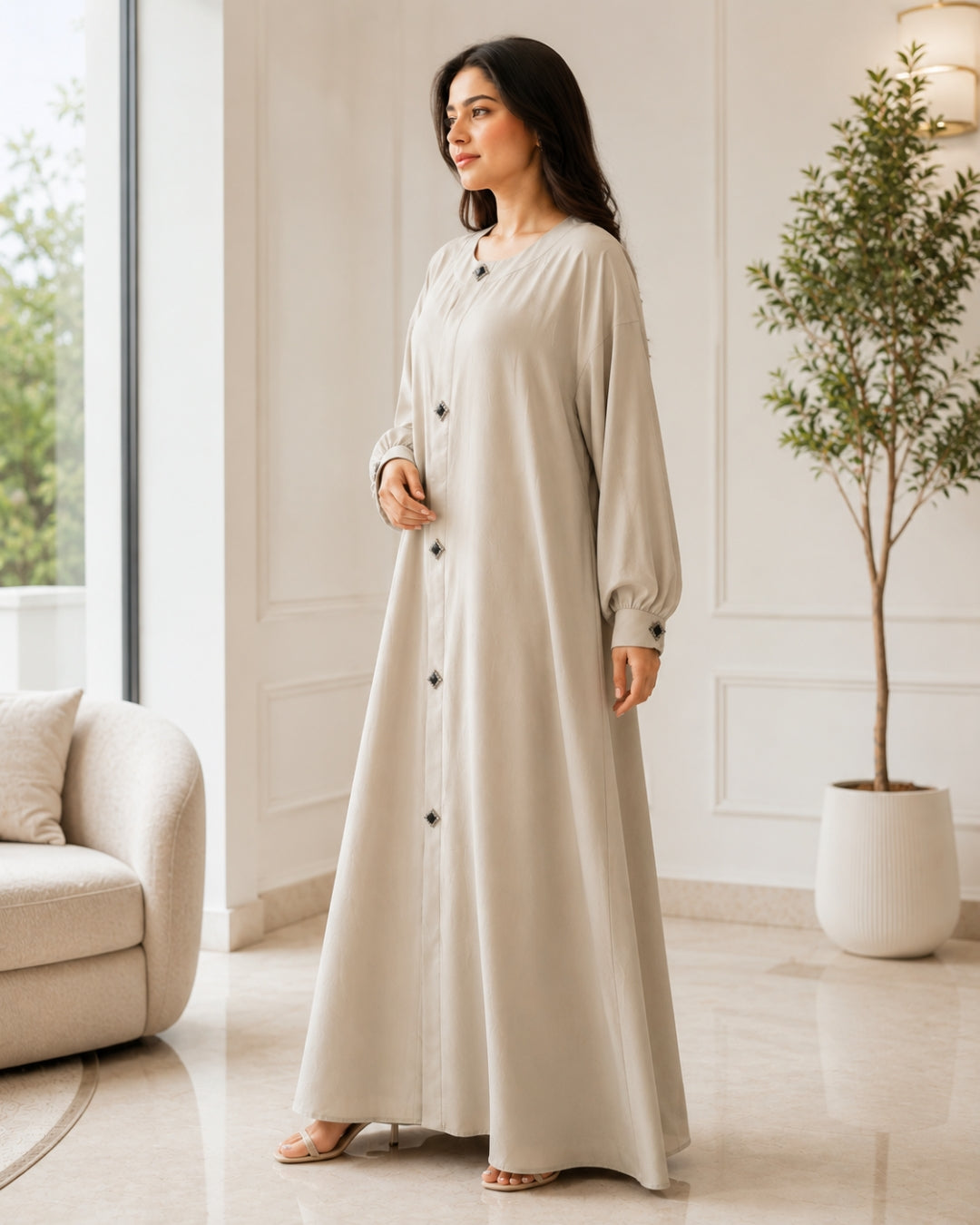 Elegant Beige Button-Front Abaya