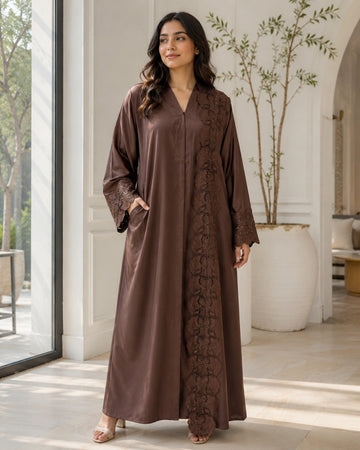 Elegant Chocolate Brown Lace Embroidered Abaya