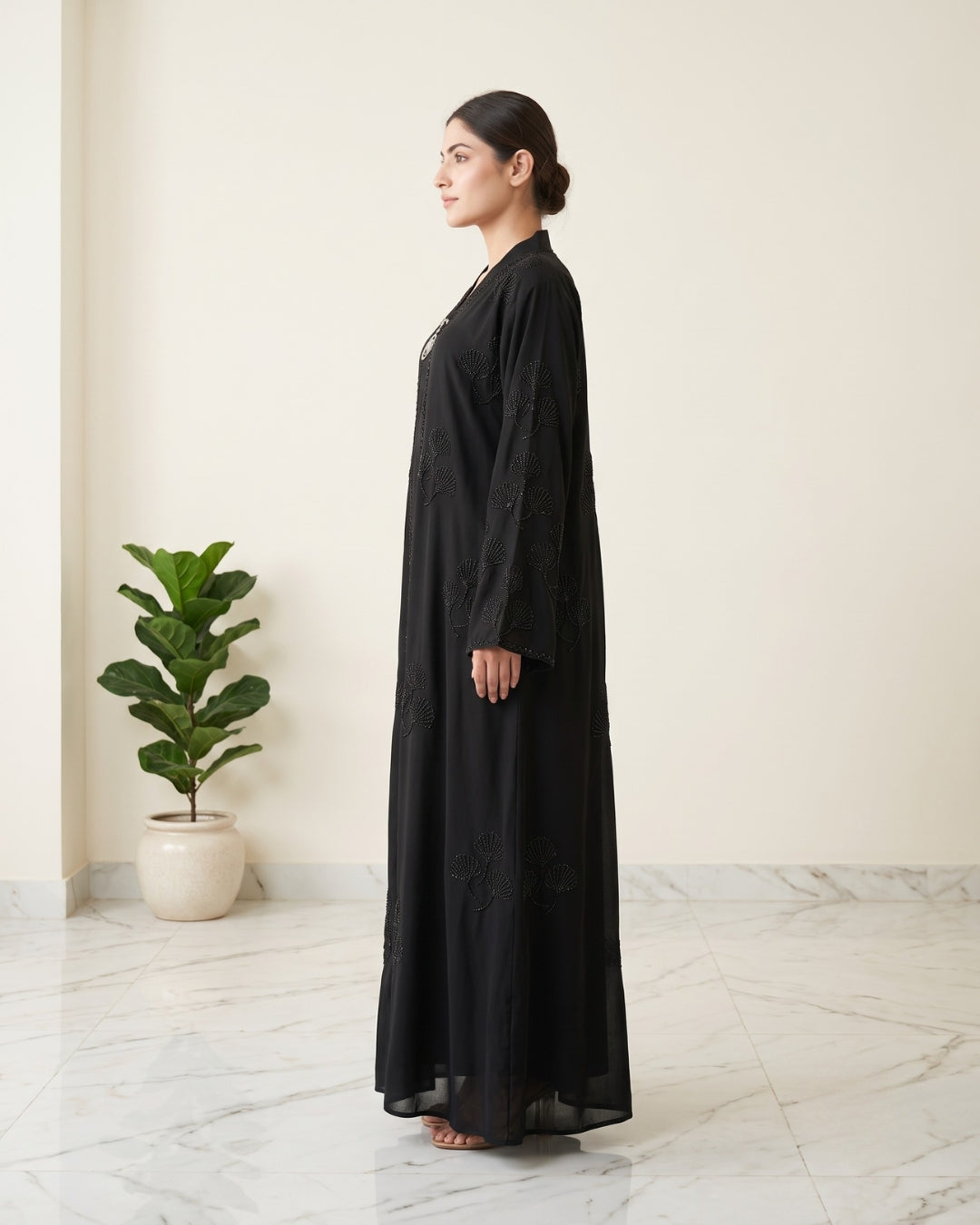 Black Arabian Abaya with Floral Crystal Handwork