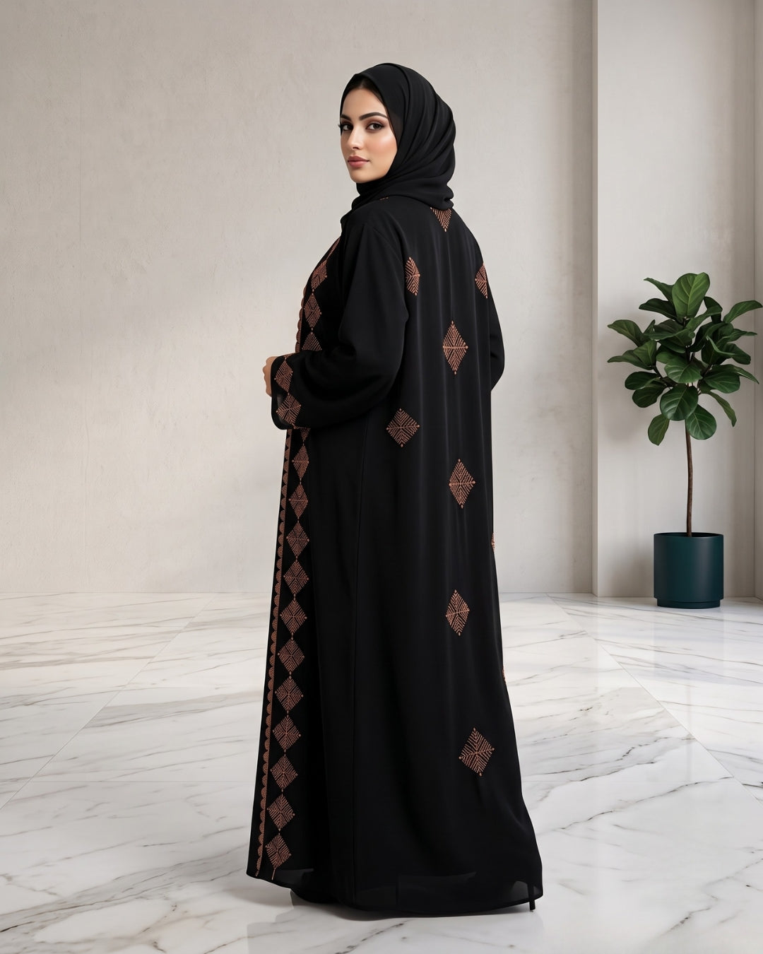 Luxury Black Embroidered Open Abaya Set