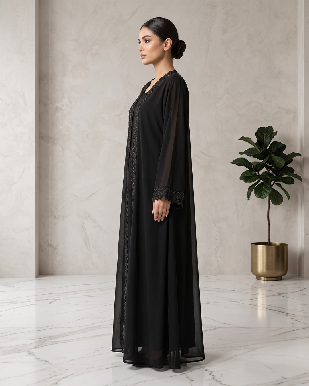 Black Embroidered Open Front Abaya
