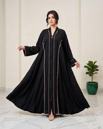 Premium Black Arabian Abaya with Gold Wave Trim