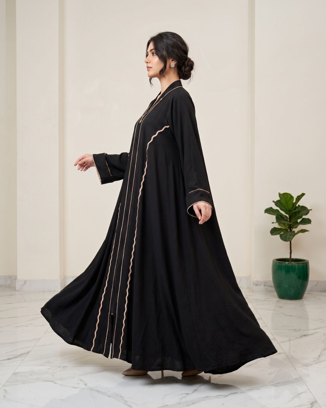 Premium Black Arabian Abaya with Gold Wave Trim