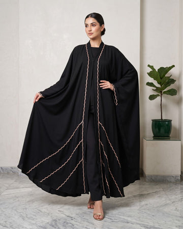 Premium Black Arabian Abaya with Beige Wave Trim