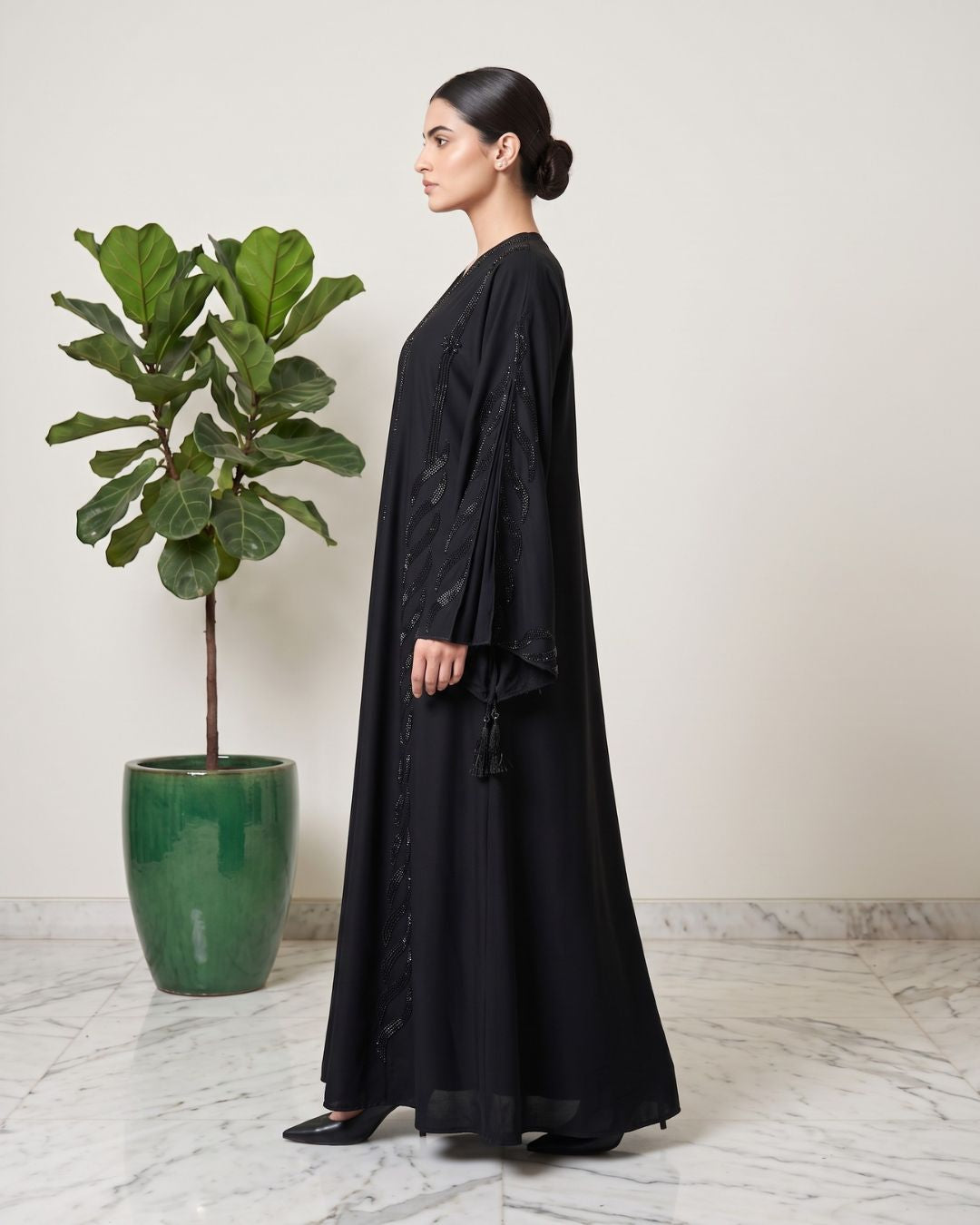 Luxury Black Crystal Open Abaya Set