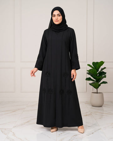 Zaina Black Floral Embroidered Front Open Abaya