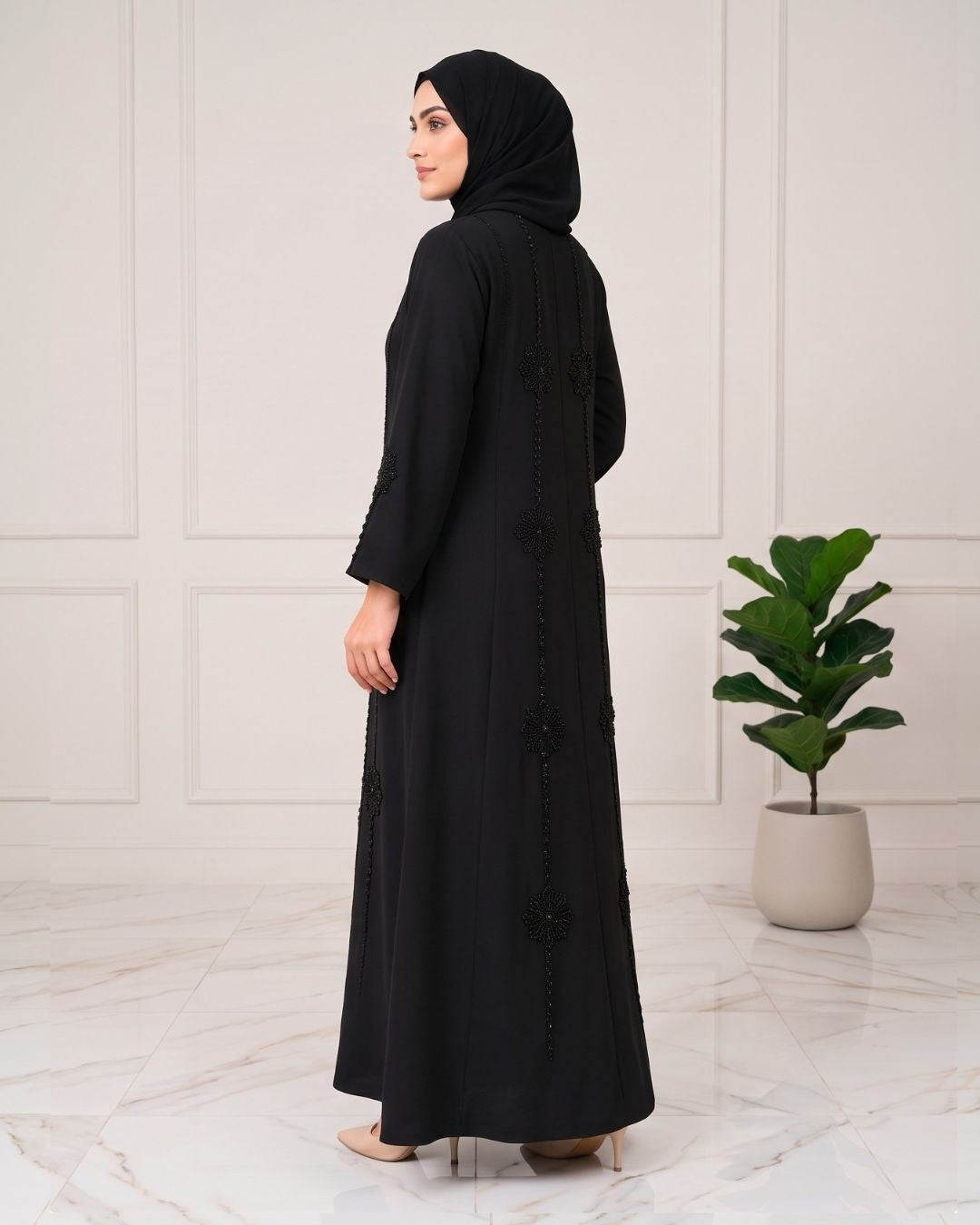 Zaina Black Floral Embroidered Front Open Abaya
