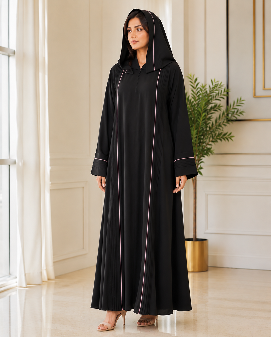 Elegant Black Front-Open Abaya with Gold Detailing