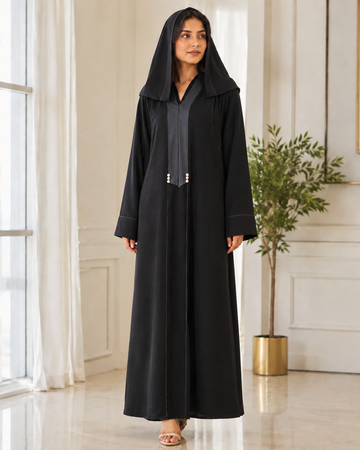 Black Hooded Abaya with Front Detail & Pockets