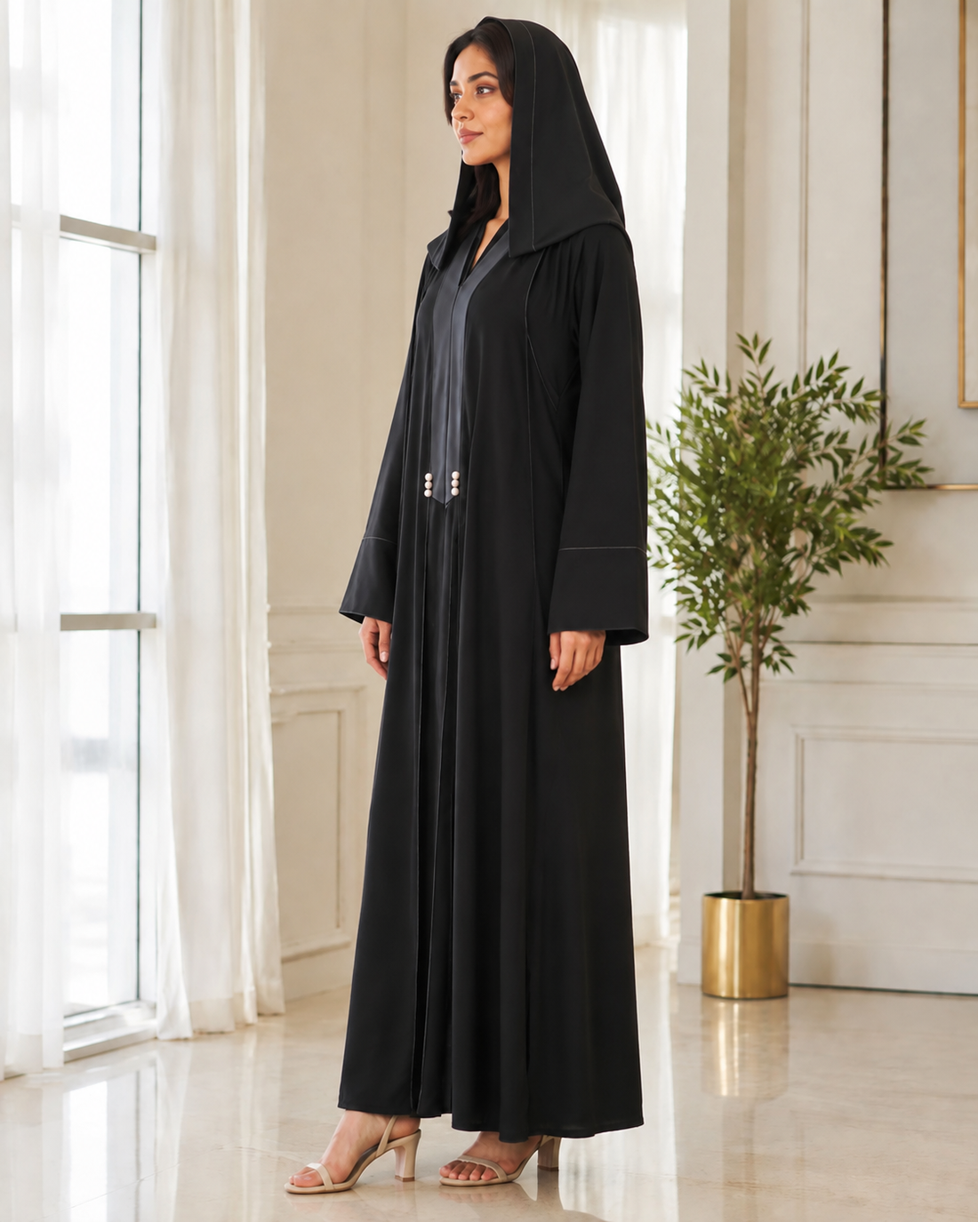 Black Hooded Abaya with Front Detail & Pockets