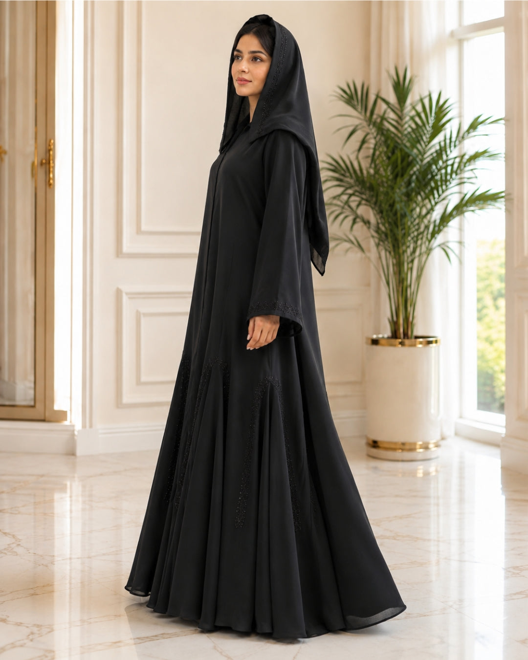 Elegant Black Flared Embroidered Hooded Abaya