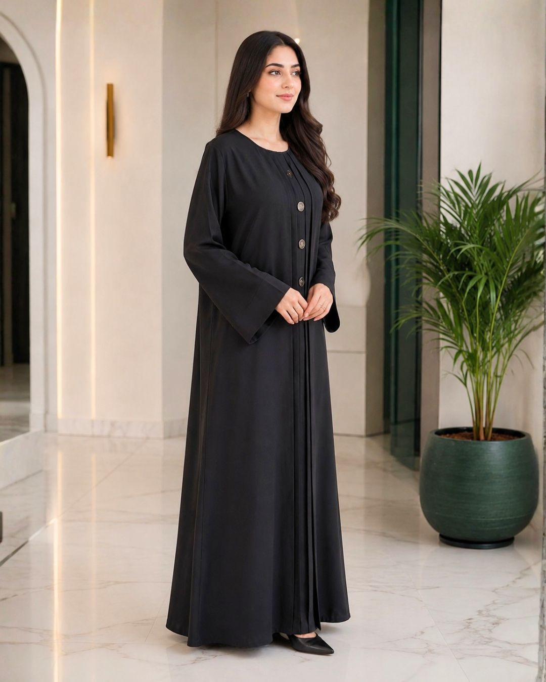 Premium Black Pleated Closed Front Abaya with Statement Buttons